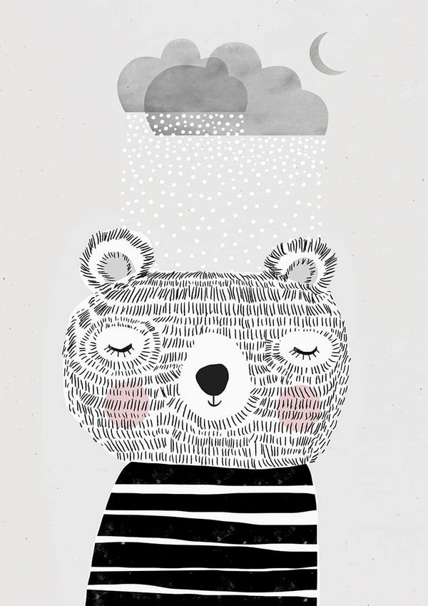 Illustration of a cute bear with closed eyes under falling snow, gray clouds, and crescent moon above.