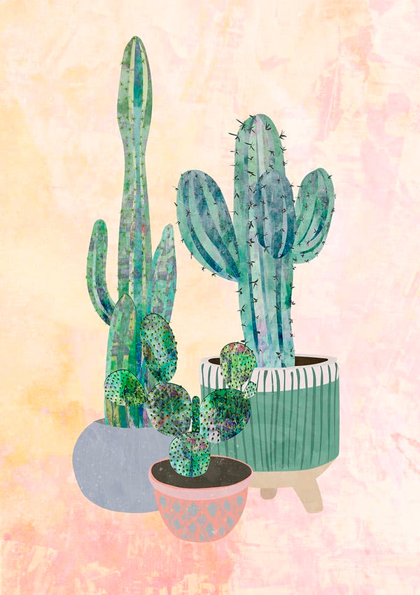 Three potted cacti in boho-style planters against a pastel textured background.