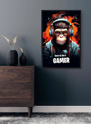 Poster featuring a chimpanzee with headphones and sunglasses, text reads "born to be a GAMER" on product page.
