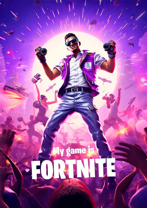 A confident Fortnite gamer in purple attire stands heroically with a crowd and game elements in the background.