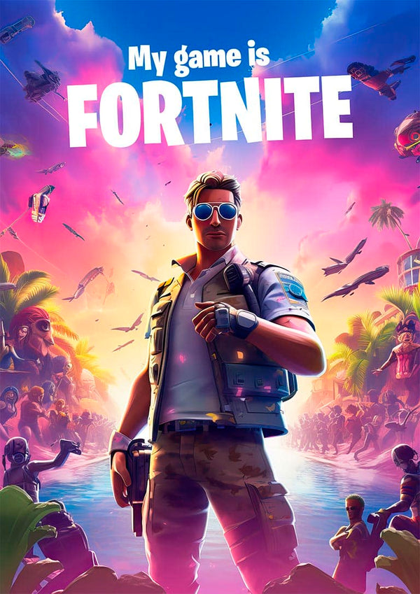 A Fortnite character stands confidently with vibrant, tropical scenery and "My game is FORTNITE" text above.