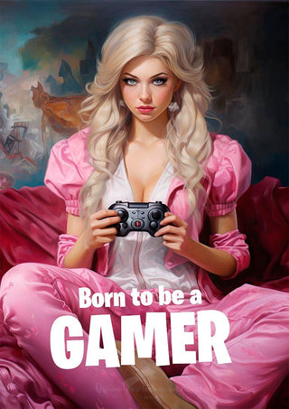 A girl in pink holds a game controller with "Born to be a GAMER" text, promoting Girls Are Gamers Too II.