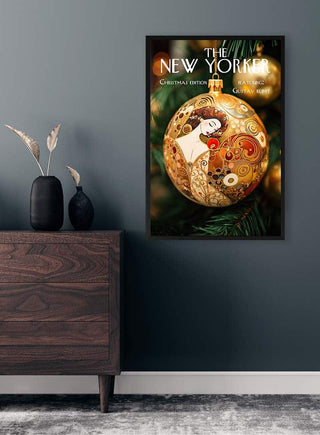 New Yorker cover art print featuring Gustav Klimt-inspired Christmas ornament hanging on a decorated tree.