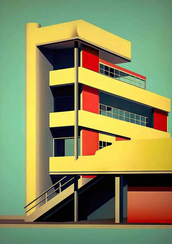 Modern three-story Bauhaus-style building with bold geometric forms and colorful facade, product: Tall Bauhaus.