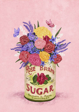 A vintage sugar can labeled "Rose Brand" filled with colorful flowers and butterflies.