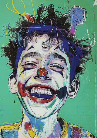 Colorful painting of a joyful child with curly hair and clown makeup, from Keep Smiling by Tara Green.