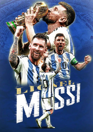 Lionel Messi football poster featuring him celebrating and holding the World Cup trophy in Argentina jersey.