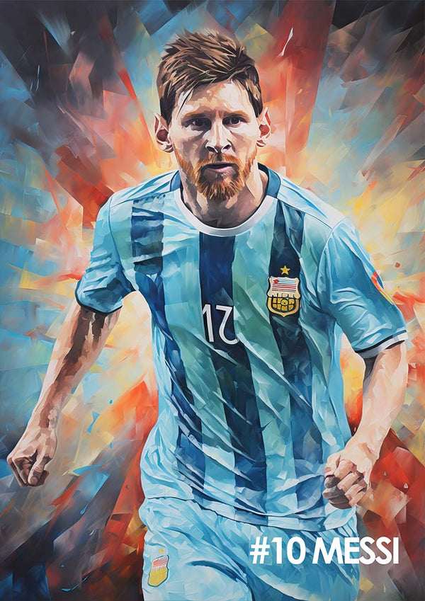 Colorful poster of a football player in an Argentina jersey with "#10 Messi" text at the bottom right.