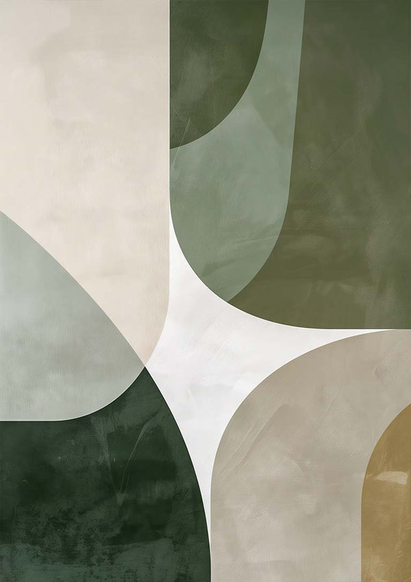 Abstract geometric art in green, beige, and white tones representing interconnected parallel universes.