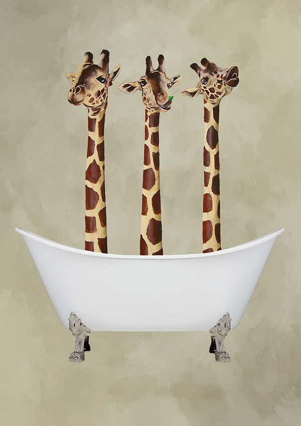 Three giraffes with playful expressions standing in a white bathtub; Giraffes in Bathtub - Coco de Paris.