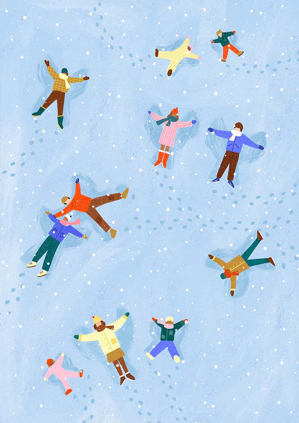 Illustration of people making snow angels on a snowy field, as featured on the Snow Angels - Bea Muller product page.