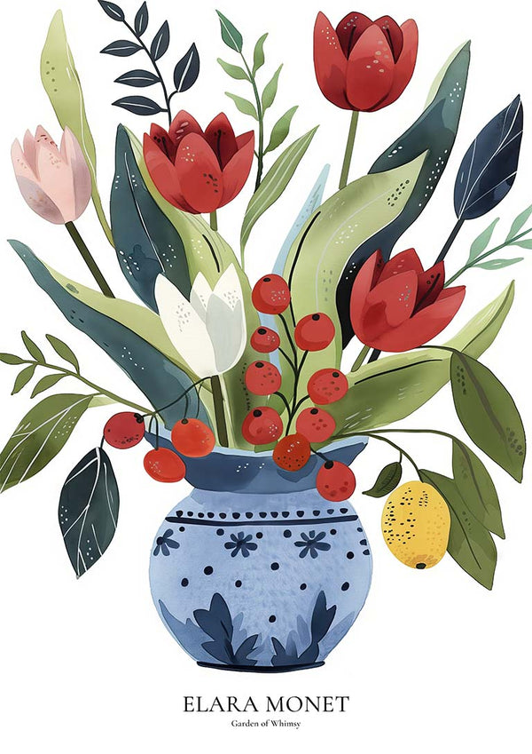 Illustration of red and white flowers in a blue vase with leaves, berries, and a lemon; Garden of Whimsy - Elara Monet.