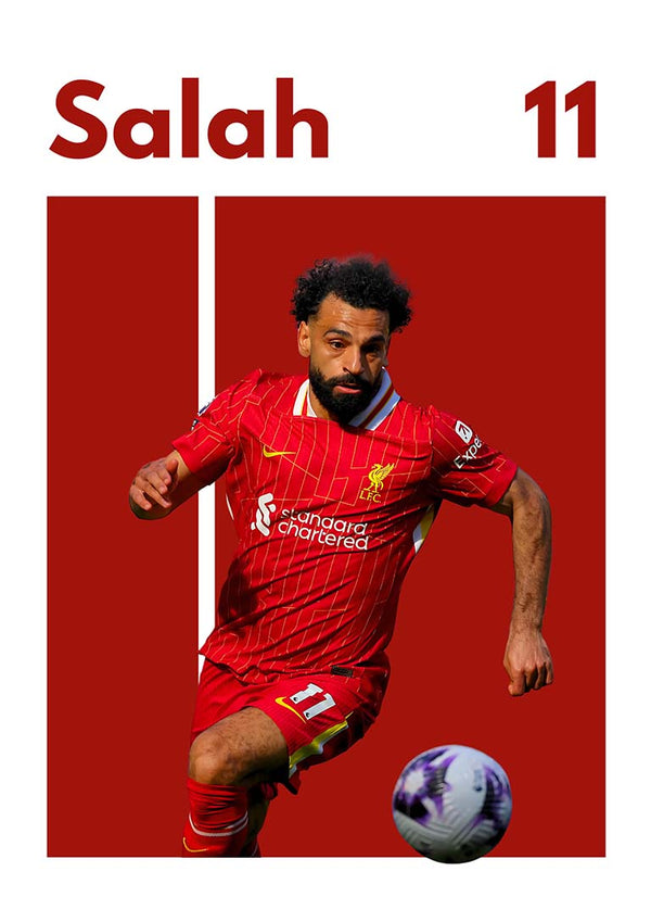 Poster of Salah in Liverpool kit with number 11, running with a football on a red and white background.