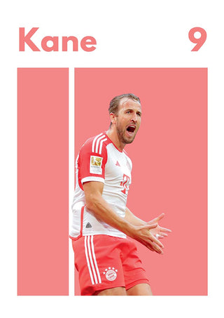 Harry Kane in Bayern Munich kit celebrating, with "Kane" and number 9 displayed on a red and white poster.