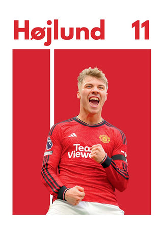 Football poster of Rasmus Højlund celebrating in a red Manchester United jersey, with his name and number 11.