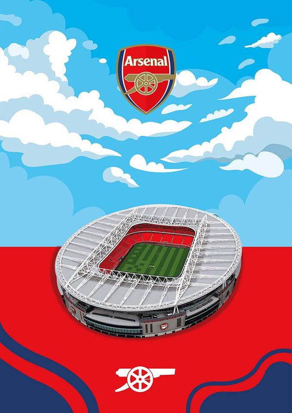Illustration of Emirates Stadium under a sky with clouds, Arsenal logo above, and cannon emblem below.