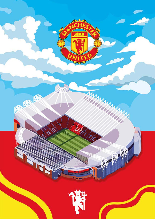 Illustration of Old Trafford stadium with Manchester United crest, on a colorful background for a football poster.