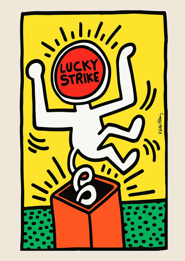 Keith Haring artwork of a figure with "Lucky Strike" head jumping from a box, on product page for Lucky Strike-Keith Haring.