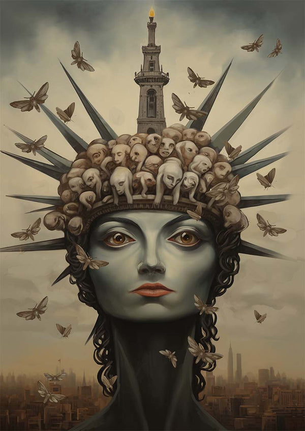 Surreal portrait of a woman with a crown of faces, a lighthouse, and flying moths; cityscape background.