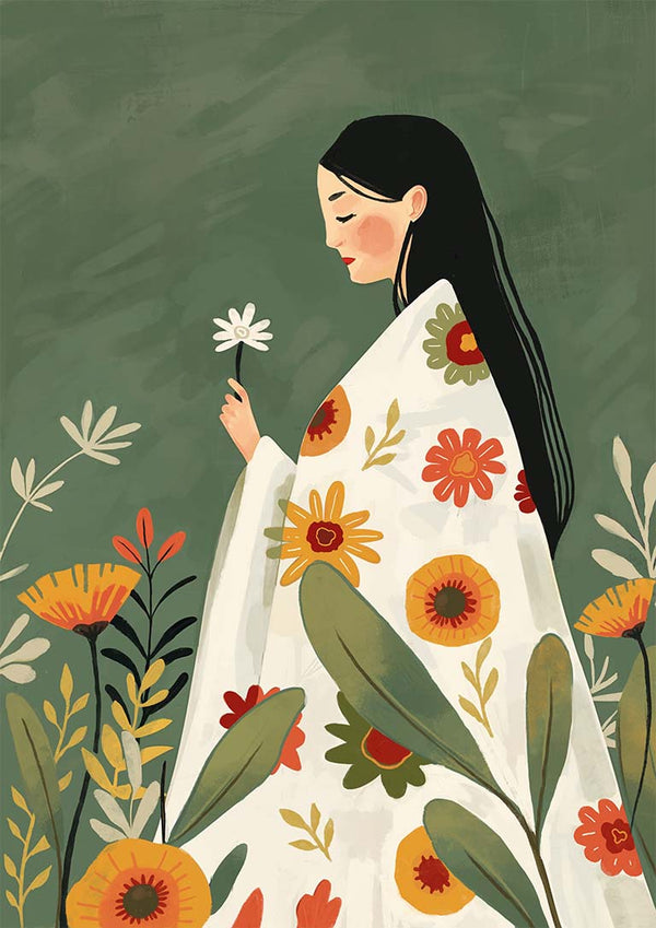 Illustration of a serene woman in a floral shawl holding a daisy, surrounded by colorful flowers.