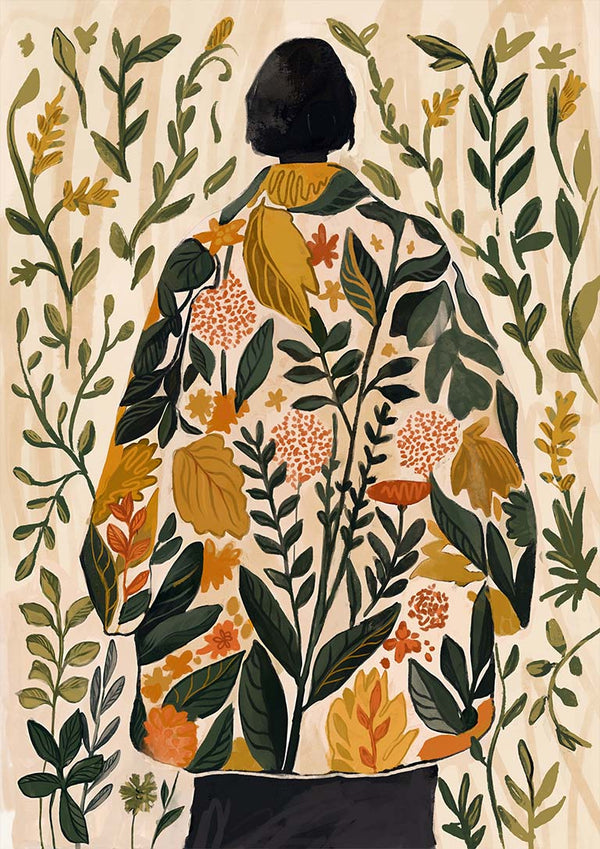 Illustration of a person in a floral coat, surrounded by spring plants; Whispers of Spring - Elara Monet.