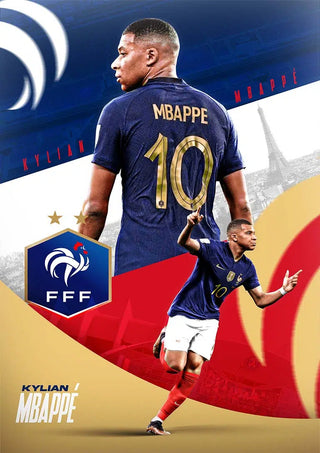 Kylian Mbappé Football Poster featuring him in a French national team jersey with the number 10.