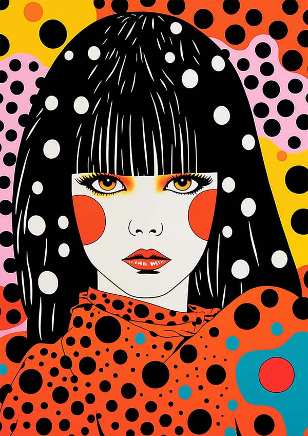 Colorful pop art portrait of a woman with polka dots, inspired by Kusama Yayoi and Vincent V.