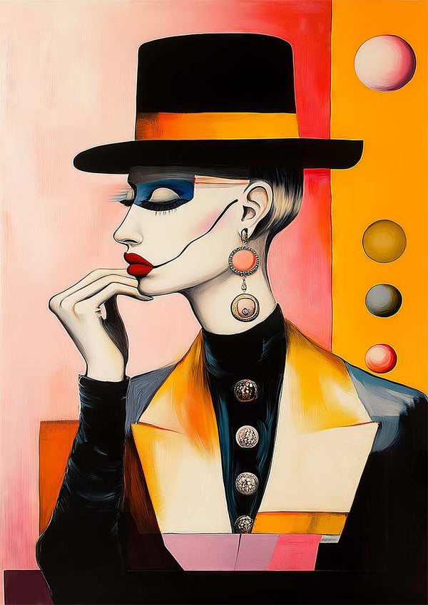 Stylish figure in bold makeup and hat, wearing Miss Mister - Martin Zen outfit with geometric accents.