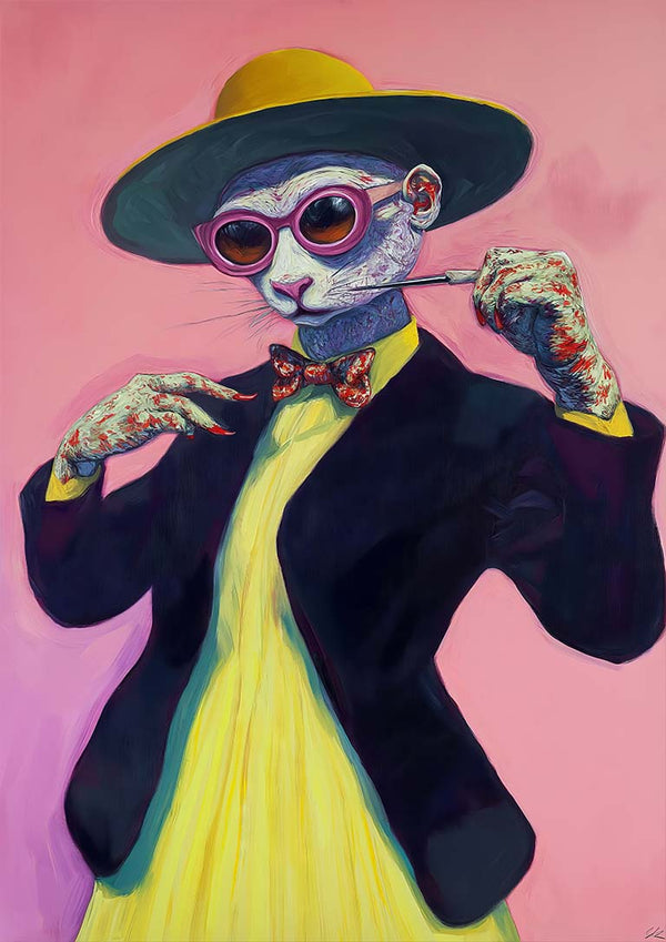 Stylish cat in sunglasses, yellow dress, and hat posing confidently on Miss Cat - Martin Zen product page.