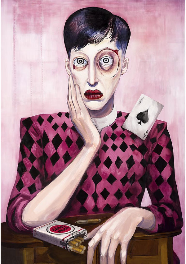 A stylized portrait of a surprised person with pale skin, holding their face, and playing cards on the table.
