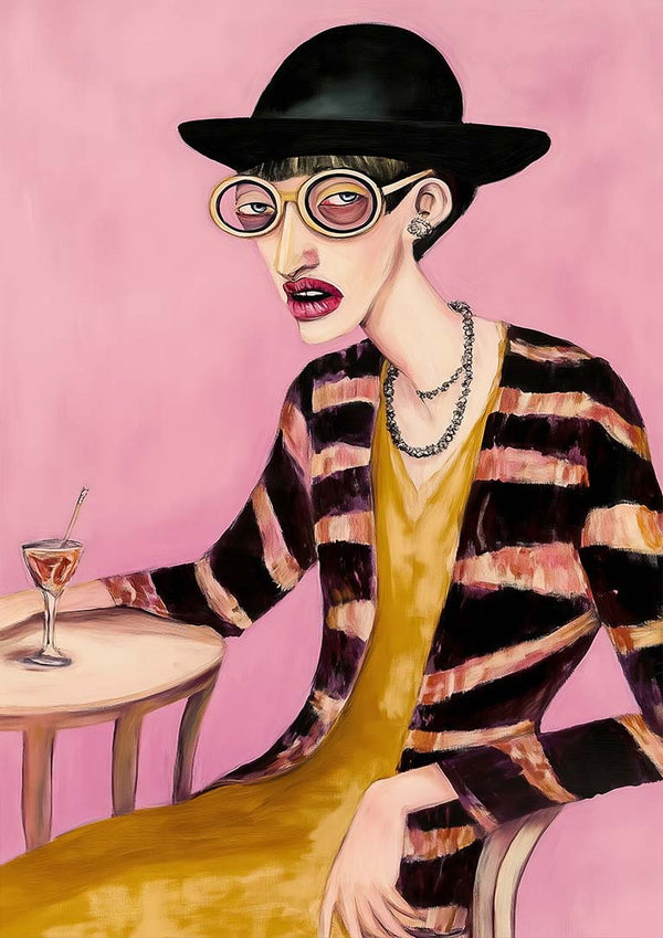 Painting of a stylish person in glasses, striped coat, and hat, seated with a cocktail against a pink background.