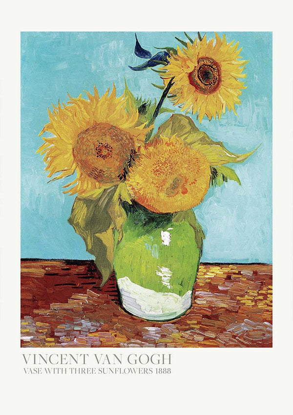 Painting of three sunflowers in a green vase on a table, by Vincent van Gogh.