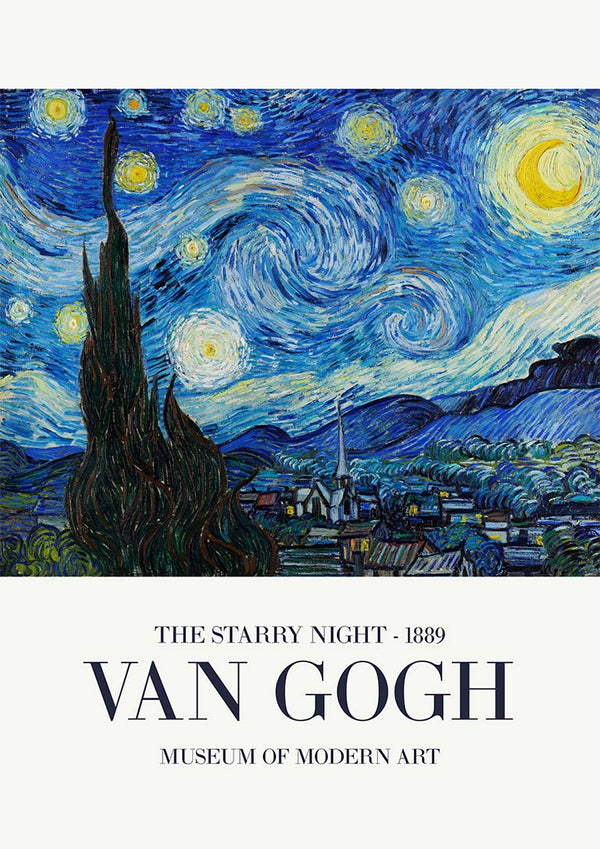 The Starry Night by Van Gogh, swirling night sky over a village, product image for Museum of Modern Art print.