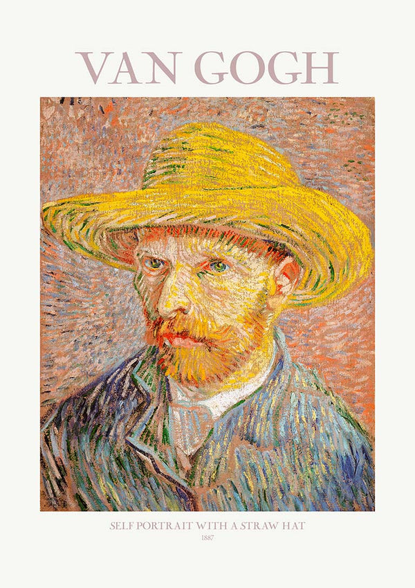 Painting of Van Gogh in a yellow straw hat with textured brushstrokes, title and product name above.