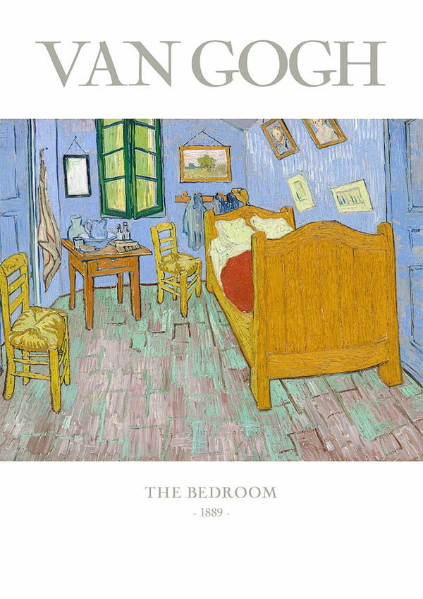 Van Gogh's "The Bedroom" painting showing a cozy bedroom with wooden furniture and blue walls.