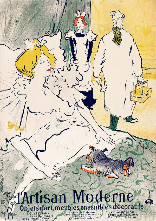 Artisan Moderne poster by Toulouse-Lautrec featuring elegantly dressed figures and a dog in an ornate interior.