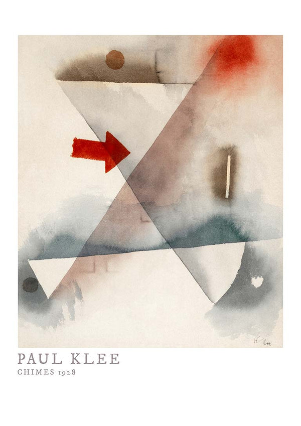Abstract artwork "Chimes 1928" by Paul Klee, featuring geometric shapes and a prominent red arrow.