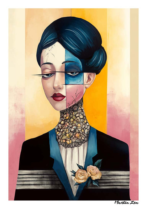 Surreal portrait of a woman with geometric face divisions, floral neck design, and blue suit; Harmony by Martin Zen.