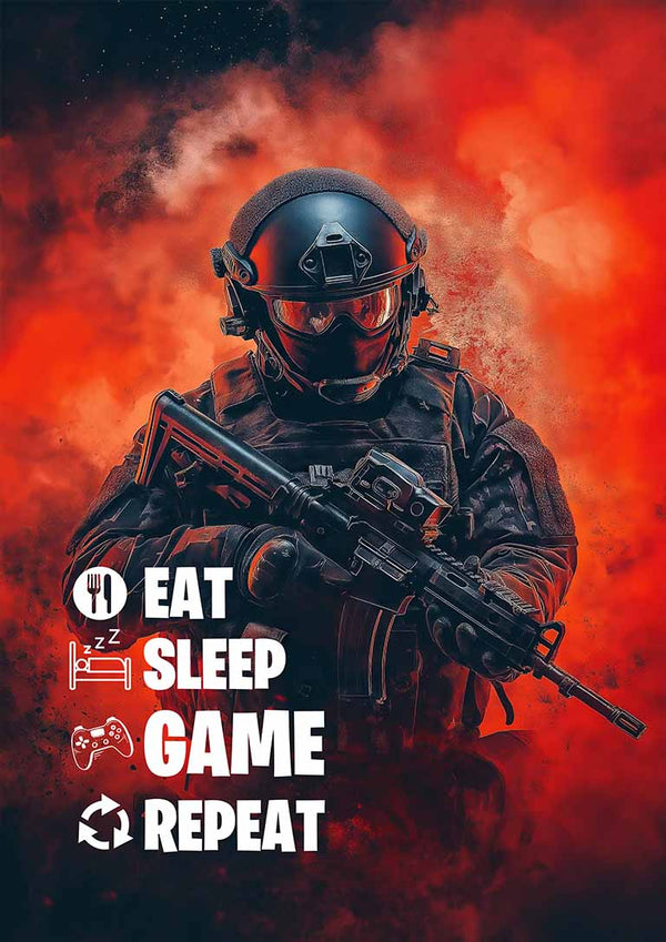 Poster showing a gamer in tactical gear with the text: Eat Sleep Game Repeat, for Game Repeat Plakat product page.