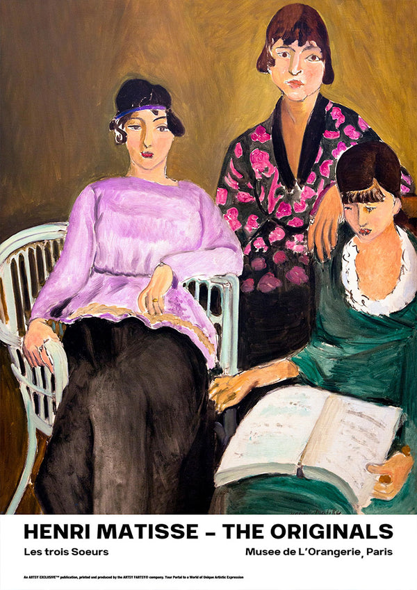 Painting of three women, one seated reading, featured on Les Trois Soeurs - Henri Matisse product page.