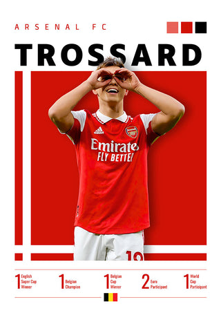 Poster of Trossard in an Arsenal kit celebrating, with club and career achievements listed below.