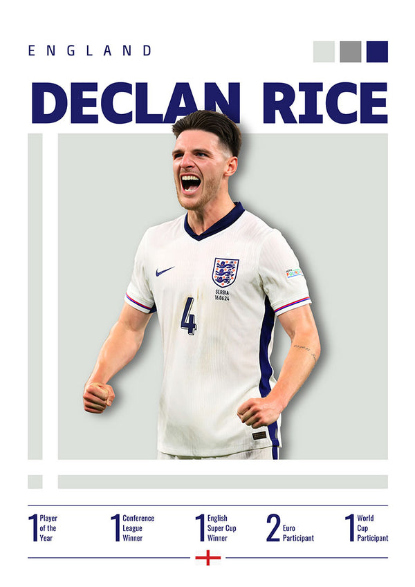 Poster of Declan Rice in England kit, celebrating with fists clenched, product titled Tottenham Fodbold Plakat.