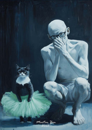 A bald man crouches beside a black-and-white cat wearing a green tutu; Teach The Cat by Martin Zen.