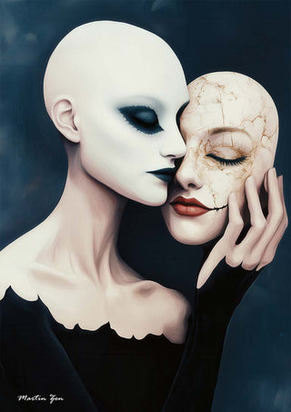 Surreal art of a figure caressing another's cracked mask, symbolizing intimacy, by Martin Zen for True Love Connections.