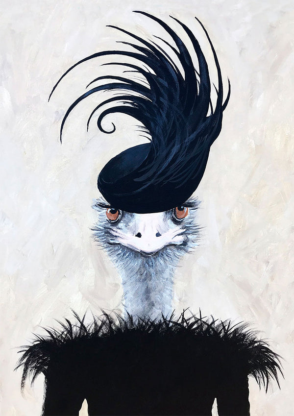 Ostrich portrait with expressive eyes, wearing a black feathered outfit and dramatic feathered hat.