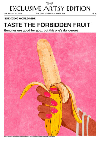 A hand with pink nails holds a peeled banana on the cover of The Forbidden Fruit Artsy Edition product page.