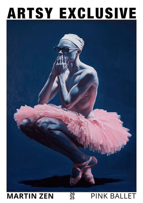 A male ballet dancer in a pink tutu and headwrap poses thoughtfully against a dark background.