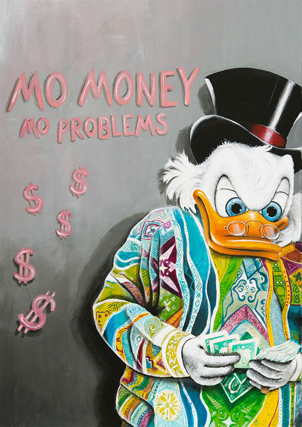 Scrooge McDuck in a colorful sweater holding cash, with "MO MONEY MO PROBLEMS" text and pink dollar signs.