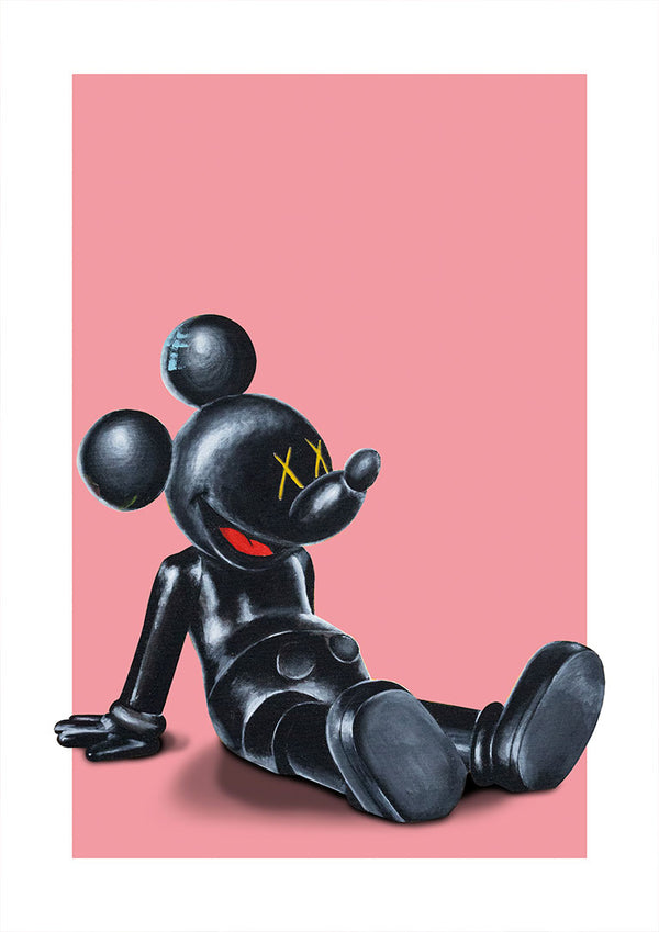 Kawsey Relax by Daniel Leo: Black cartoon figure sculpture lounging against a pink background.