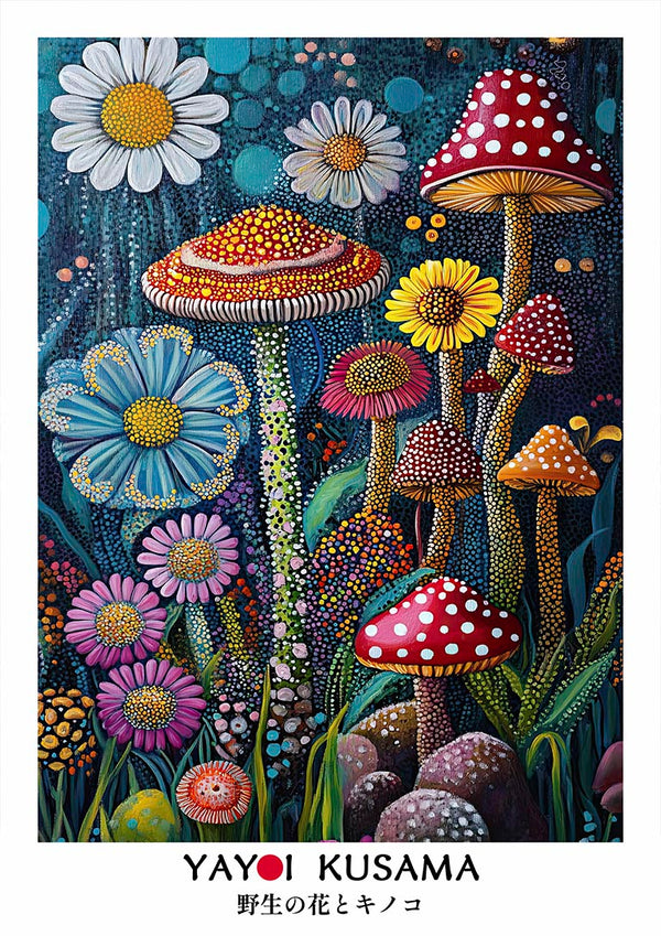 Colorful mushrooms and daisies in Yayoi Kusama’s signature dotted style on The Daisy product page.